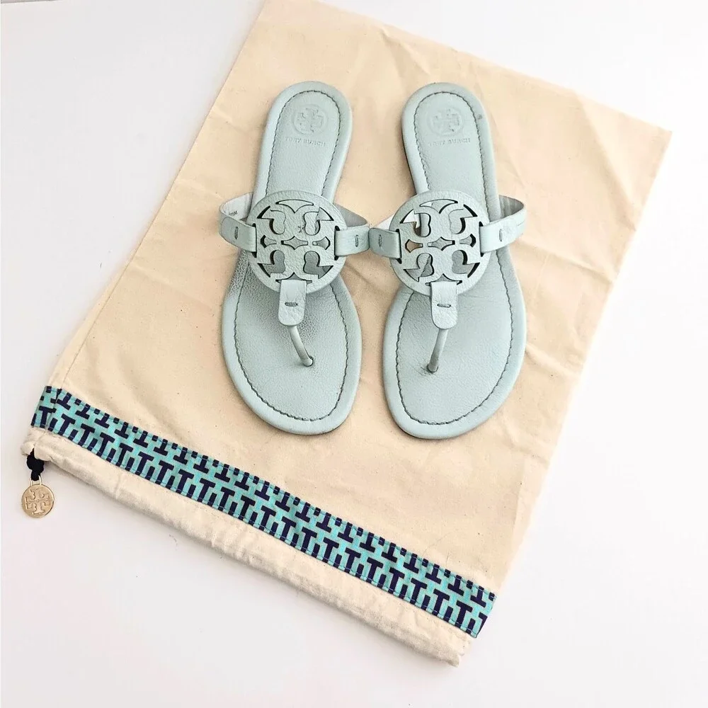 Tory Burch Miller Thong Sandal Ice Blue Pebbled Leather 7.5M w Dustbag